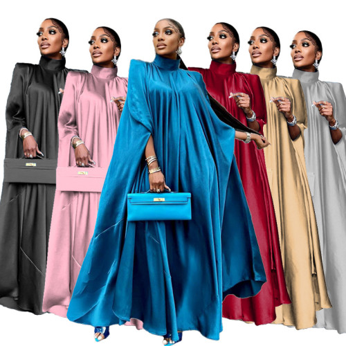 M3446 Foreign Trade Muslim Women's High Neck Loose hem Middle East Robe Satin Dress European and American Women's Wear