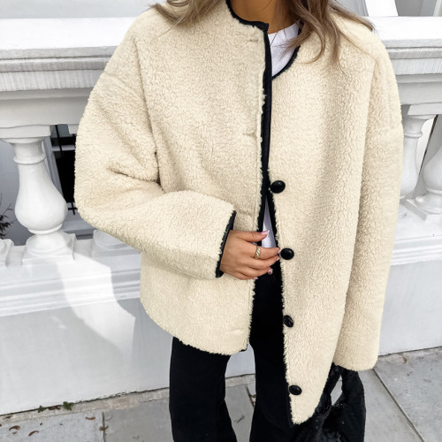 Beige lamb cashmere patchwork round neck warm and loose fitting jacket for European and American new autumn fashion foreign trade commuter women