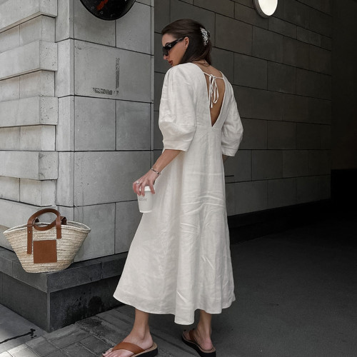 French light cooked beige cotton and linen bubble sleeved dress for women's summer backless loose V-neck shirt skirt long skirt