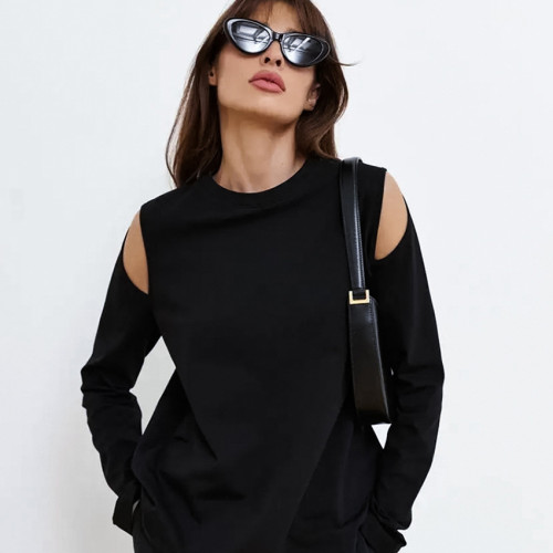 Black Pure Cotton Off Shoulder Hollow Round Neck Elastic Bottom T-shirt with European and American New Autumn Fashion Foreign Trade Top