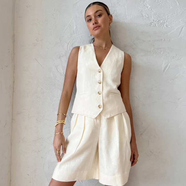 New European and American beige cotton linen sleeveless vest vest vest set, summer loose and breathable two-piece set for foreign trade women