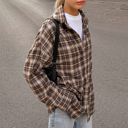 Spring American vintage plaid shirt women's long design with a loose bottom plaid shirt