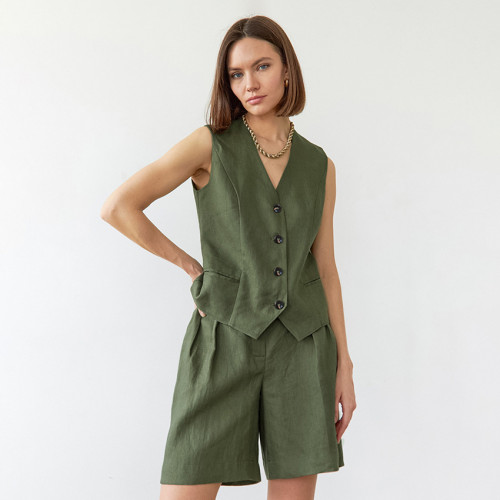 European and American Instagram Green Vest Wide Leg Pants Two Piece Loose Summer Fashion Casual Cotton Linen Set Women's Clothing