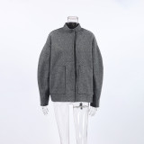 Grey woolen jacket with a stand up collar, European and American style, new autumn and winter haute couture, versatile top for foreign trade commuting for women