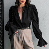 Autumn French Style Fashionable Jacquard Chiffon Shirt for Women's Small Stand Loose Ruffle Edge Bubble Sleeve Shirt Top