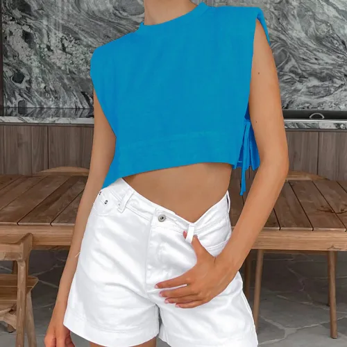 Summer new shoulder pad sleeveless top and pants two-piece set, European and American casual fashion cotton and linen set, women's clothing