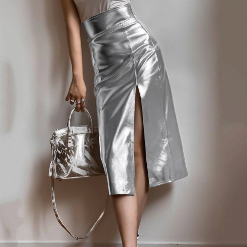Silver artificial leather futuristic high waisted split skirt, European and American new autumn fashion foreign trade women's clothing