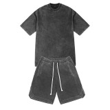 Summer New Stir fried Flower Men's Fashion Leisure Sports Set Made of Pure Cotton Washed Old T-shirts and Shorts Paired with a Set
