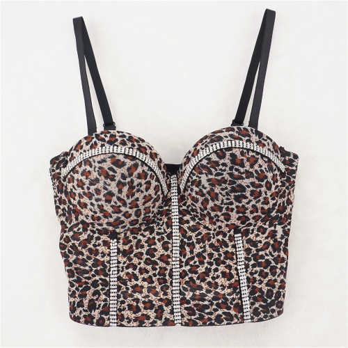 French mesh floral fishbone suspender vest for women in summer, worn both inside and outside with spicy leopard print short top with chest pad