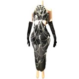 New cross-border European and American style high-end black mesh diamond chain sexy backless tight fitting dress birthday party dress