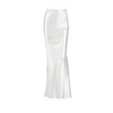 New French style light cooked white banquet satin slim fit fishtail skirt with feminine charm and a high waist to ground length skirt