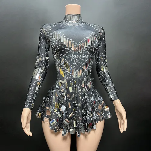 New Bar Singer Performance Dress Sequin Tassel Long Sleeve Wrap Hip Group Ultra Short Skirt Evening Dress High Elastic