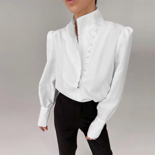 Chinese style standing collar long sleeved shirt new autumn women's white commuting professional leisure fashion shirt autumn and winter