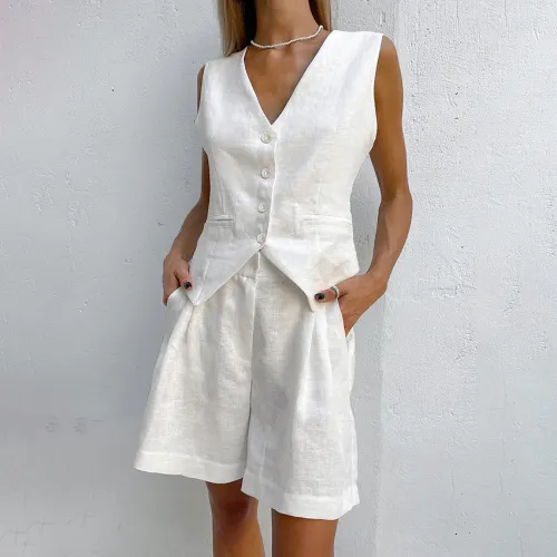European and American design sense cotton linen suit vest set for women's summer casual sleeveless vest shorts two-piece set