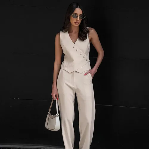 European and American commuting apricot colored cotton linen vest vest vest wide leg pants two-piece set for women's summer deconstruction design
