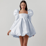 Autumn French Bubble Sleeves Satin Princess Ding Dress Small Dress Long Sleeves Square Neck Palace Style Dress Women