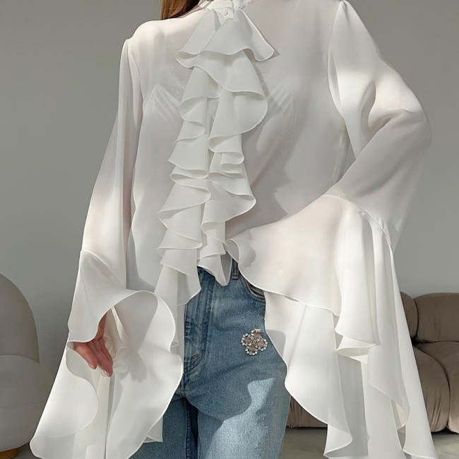 White chiffon design, round neck, flared sleeves, ruffled edges, women's shirt, European and American spring and summer new fashionable women's shirt