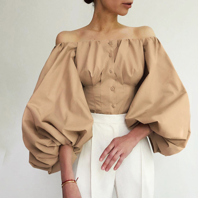 French Style Spring New Design Sense Long sleeved Bubble Lantern Sleeves Leakage Shoulder European and American Women's Shirt Top