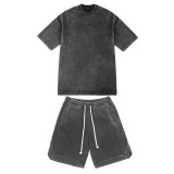 Summer New Stir fried Flower Men's Fashion Leisure Sports Set Made of Pure Cotton Washed Old T-shirts and Shorts Paired with a Set