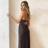 European and American Instagram fashion strap V-neck dress with hollowed out and split temperament, long dress with sexy lining for foreign trade women's clothing