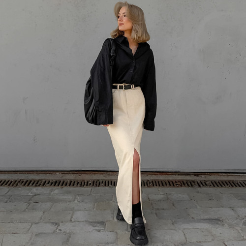 New European and American Spring and Summer Foreign Trade Temperament Fashion Versatile Commuting Pure Cotton Split High Waist Skirt Long Skirt for Women