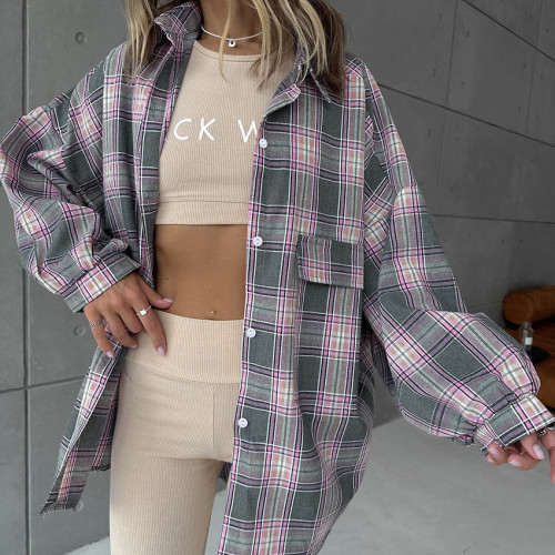 Retro loose fitting pure cotton lapel versatile plaid shirt  European and American spring fashion cross-border commuting cardigan for women