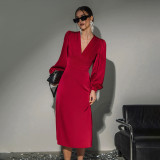 Spring French Fishtail High end Satin Lantern Sleeves Red Dress Women's Style Dress Mid Length