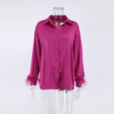 Autumn New European and American Fashion Casual Shirts Versatile Women's Ice Silk Feather Splicing Design Feeling Ostrich Hair