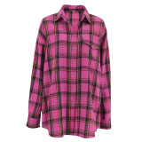 Rose red retro classic plaid long sleeved lazy shirt, European and American new autumn fashion, loose fitting women for foreign trade