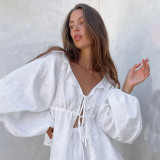 New European and American Cotton and Hemp White Lantern Sleeves V-neck Top and Shorts Set Summer Foreign Trade Women's Two Piece Set