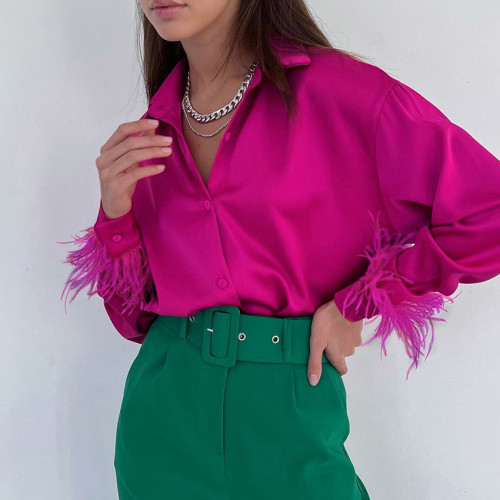 Autumn New European and American Fashion Casual Shirts Versatile Women's Ice Silk Feather Splicing Design Feeling Ostrich Hair