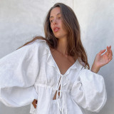 New European and American Cotton and Hemp White Lantern Sleeves V-neck Top and Shorts Set Summer Foreign Trade Women's Two Piece Set