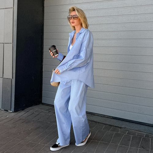 Autumn European and American cross-border fashion casual suit women's loose blue long sleeved shirt wide leg pants two-piece set