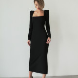 Spring fashion European and American women's long skirt with square neck, French style temperament, small black skirt with slim fit and hip wrapped design, women's dress
