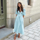 Cross border Summer New French Elegant Long Dress Sexy Low cut V-neck Bubble Sleeves High Waist Cotton Linen Dress