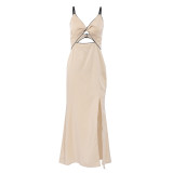 European and American Instagram fashion strap V-neck dress with hollowed out and split temperament, long dress with sexy lining for foreign trade women's clothing
