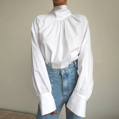 Autumn Bow Shirt Women's French High Neck Stand up Neck Design, Small and Popular Women's White Shirt Temperament Top
