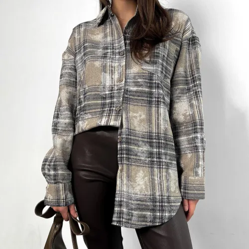 Spring new product pure cotton mid length niche design with checkered long sleeved shirts, cross-border fashion shirts, women's clothing