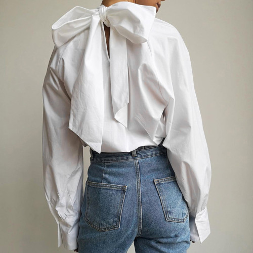 Autumn Bow Shirt Women's French High Neck Stand up Neck Design, Small and Popular Women's White Shirt Temperament Top