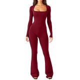 Autumn and winter cross-border foreign trade women's clothing new Amazon square neck wide leg pants tight fitting European and American women's jumpsuit