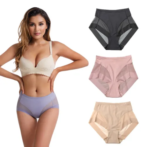 Foreign trade thin mid rise women's triangle pants with waistband and buttocks lifting underwear, mesh breathable pure cotton range women's underwear with waistband and beautiful body