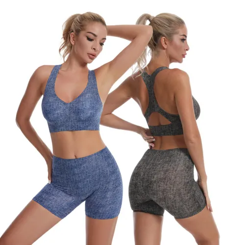 Cross border seamless sports suit, steel ring free comfortable bra shorts, yoga suit, detachable chest pad, waist tightening shorts
