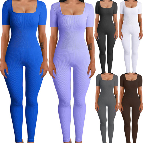 Cross border women's clothing in Europe and America, popular in foreign trade, short sleeved solid color pit stripe tight fitting sports jumpsuit for women