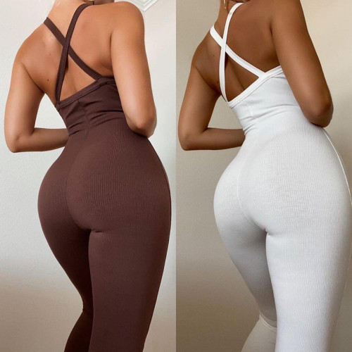 Amazon Cross border Women's Teum Independent Station Sexy Tight High Waist Sports Ribbed Deep V Sports jumpsuit for Women