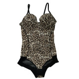Sexy leopard print shapewear, beauty lingerie with steel ring bra, adjustable chest support, corset, waist tightening, and hip lifting
