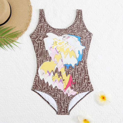 New European and American Cross border Trade One Piece Swimsuit Female Letter Printed Fashion Hot Spring Women's Swimsuit