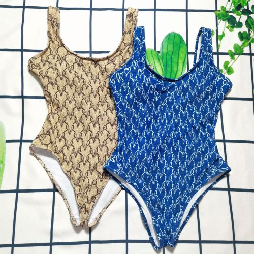 New European and American Cross border Swimsuit Women's D Family Letter Printed One piece Conservative Open Back Women's Swimsuit