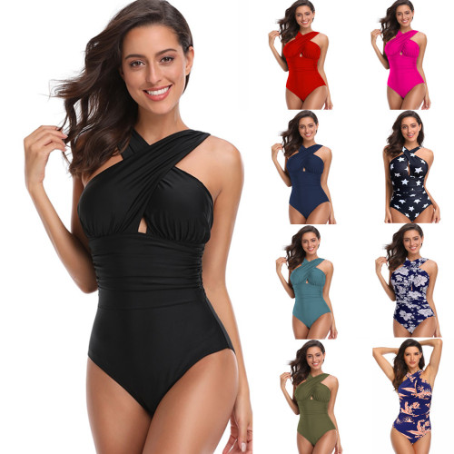 Amazon's new European and American one-piece swimsuit, women's cross gathering and belly tightening swimsuit купальник