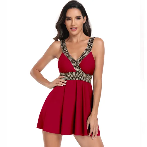 Wholesale of New Amazon Swimwear Women's European and American Ribbon Cross border Large conservative Skirt Split Swimwear Manufacturers