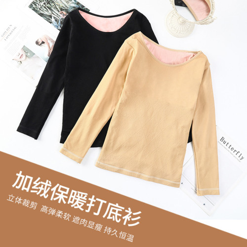 New winter plush, thickened, slim fit and warm long sleeved women's round neck inner wear with bottom plush and warm top for women